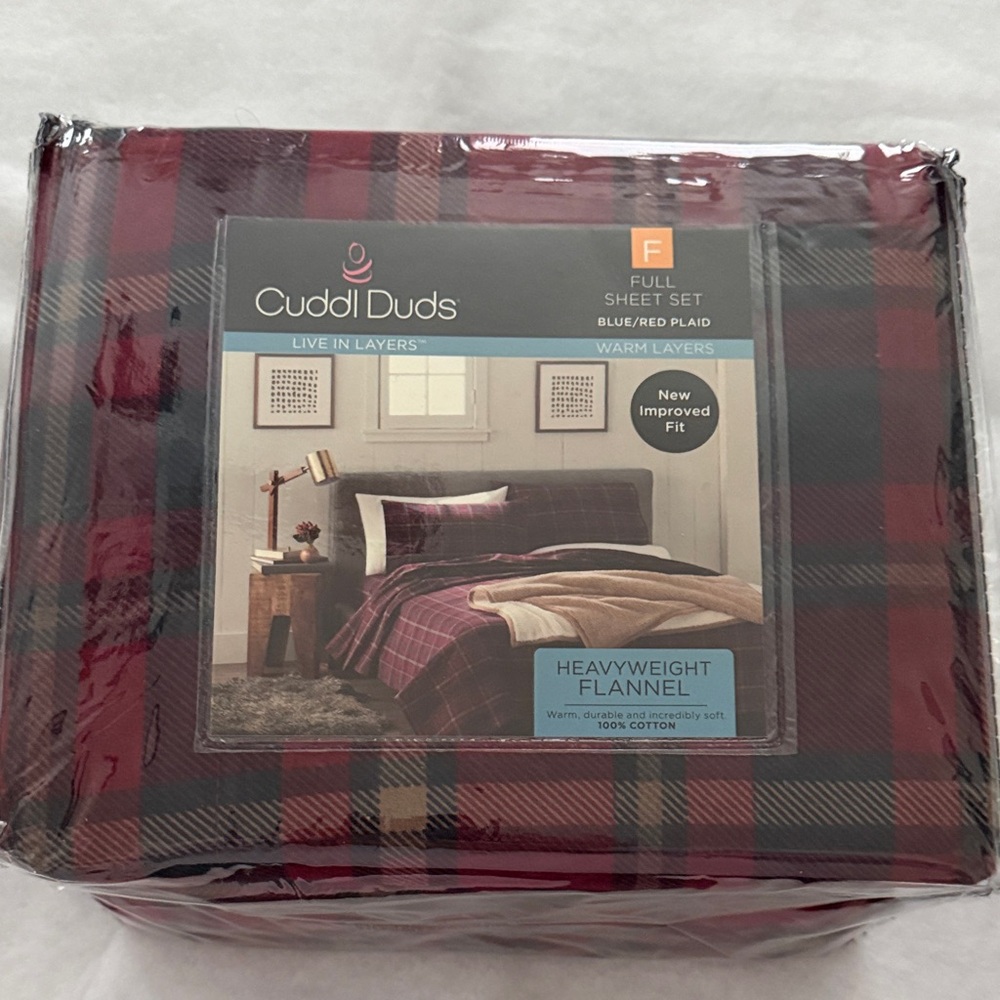Cuddl Duds Red and Blue Plaid Flannel Sheet Set